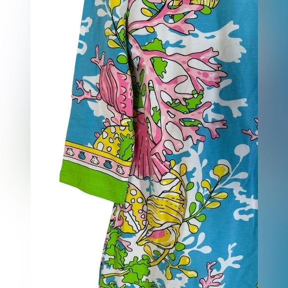 Barbara Gerwitt by Tabitha Blue Pink Green Sea Scene Slit Neck Shift Dress - Picture 9 of 10